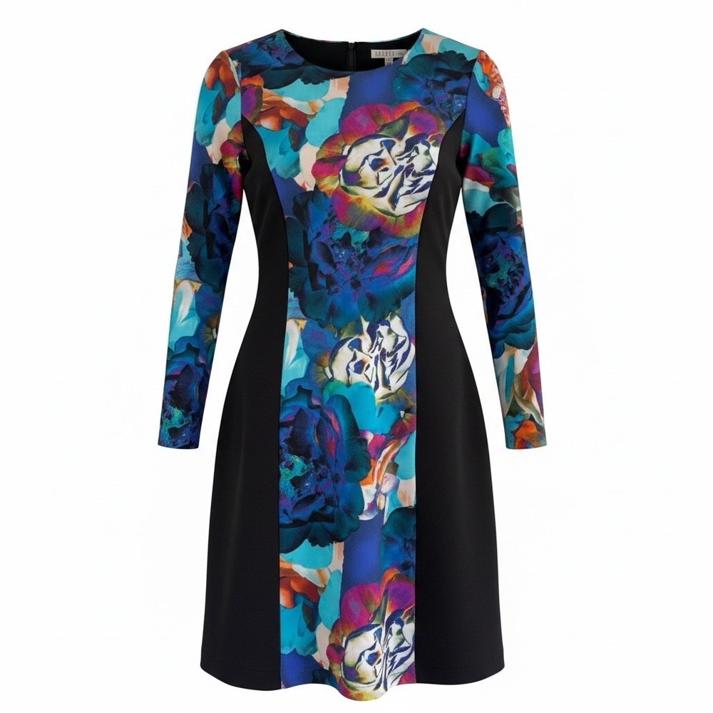 Spense Petite A Line Colorblock Dress Women's 6P Black Floral Career Stretch